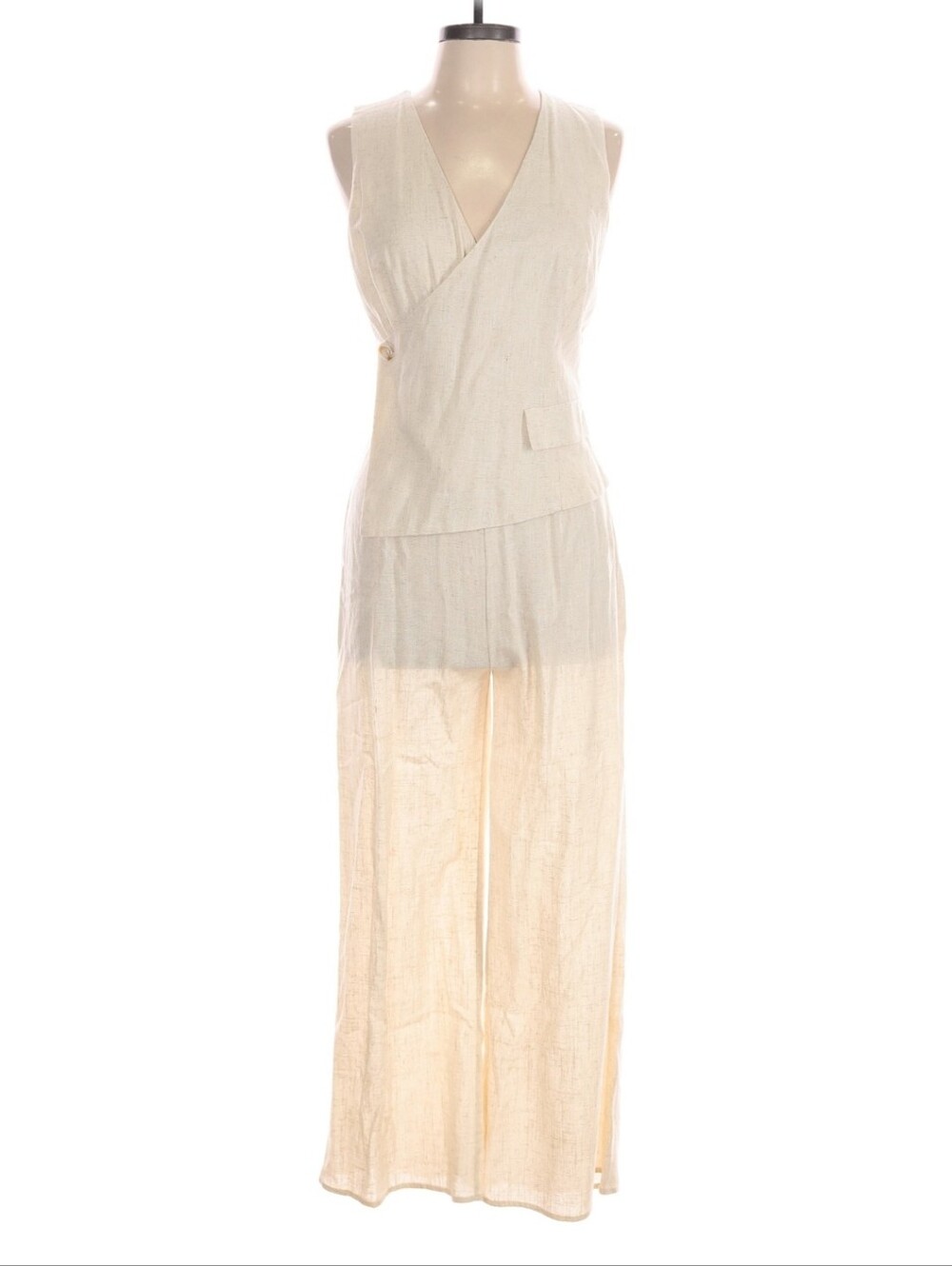 Aakaa Linen Blend Sleeveless Wrap Jumpsuit Cream Beige Wide Leg Large
